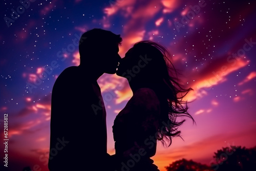 A romantic silhouette of a couple against the background of a twilight sky, surrounded by stars