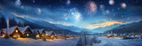 Beautiful winter panorama with snow covered mountain village and fireworks.