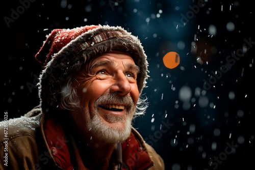 Elderly man looks excitedly snowing