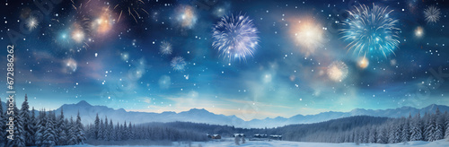 Beautiful winter landscape with fireworks and fir trees. Panoramic banner