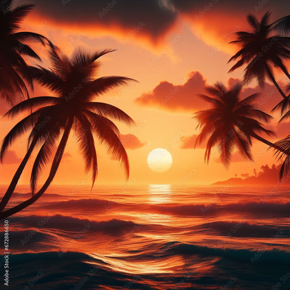 Unreal and dreamlike landscape with palms and ocean