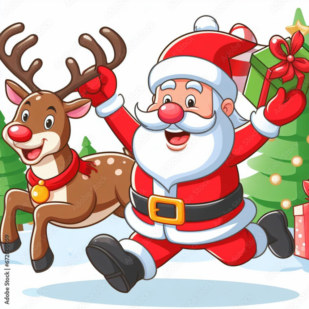 Cartoon image of Santa Claus and his reindeer Cartoon image of Santa Claus and his reindeer