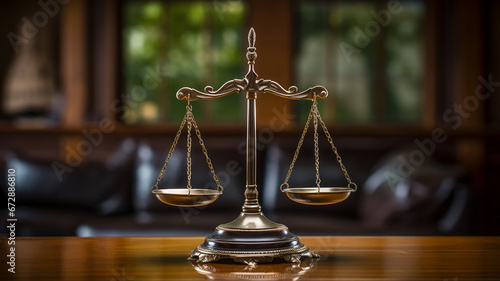 Law scales on table, symbol of justice in court 