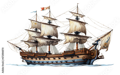 A picture of a wooden battle ship on isolated background