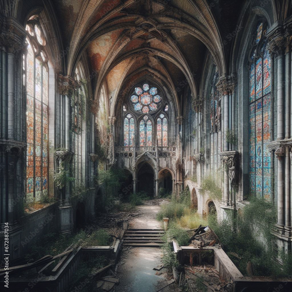 custom made wallpaper toronto digitalAbandoned Gothic church with vegetation and broken glass