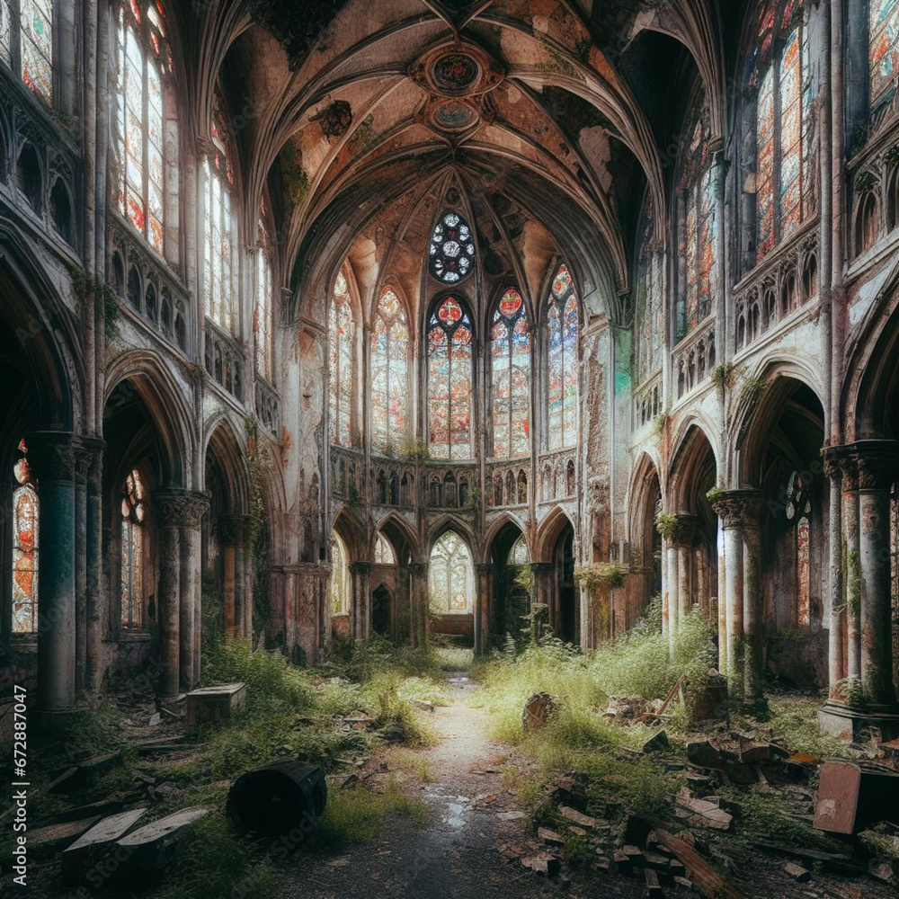 Abandoned Gothic church with vegetation and broken glass