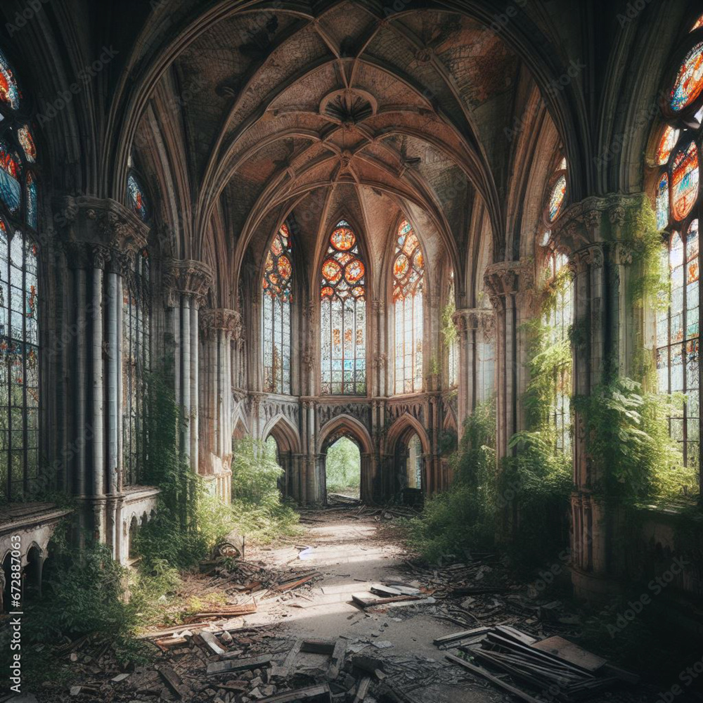 Obraz premium Abandoned Gothic church with vegetation and broken glass