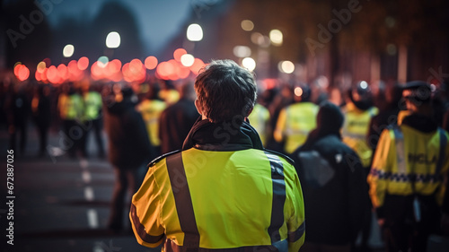 Photographie Security officer with yellow vest at crowd control event in a city