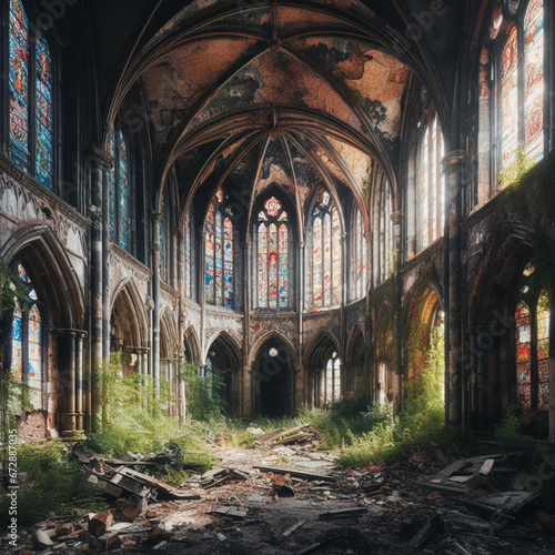 Abandoned Gothic church with vegetation and broken glass