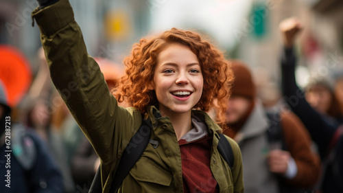 Young adult female protester raising her fist up at a climate change protest 