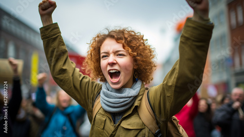 Young adult female protester raising her fist up at a climate change protest 