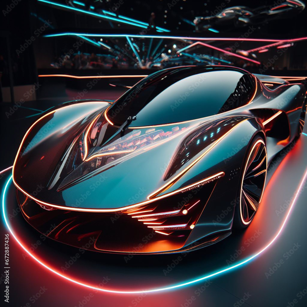 Futuristic sports car on a background of neon lights Futuristic sports car on a background of neon lights