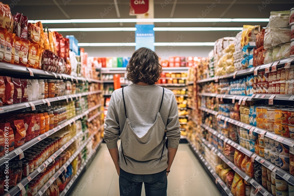 Man exploring gluten-free aisle in a grocery store, showcasing a wide range of available options, Generative Ai 