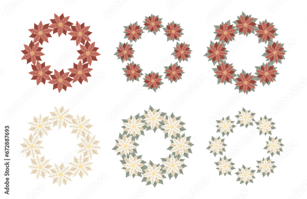 Christmas wreaths with white and red poinsettia. Design for New Year and Christmas cards, scrapbooking, stickers, planner, invitations Christmas wreaths with white and red poinsettia. Design for New Year and Christmas cards, scrapbooking, stickers, planner, invitations