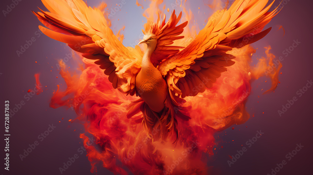 Fenix ​​pops out from an explosion of red and gold colored smoke - obrazy, fototapety, plakaty 