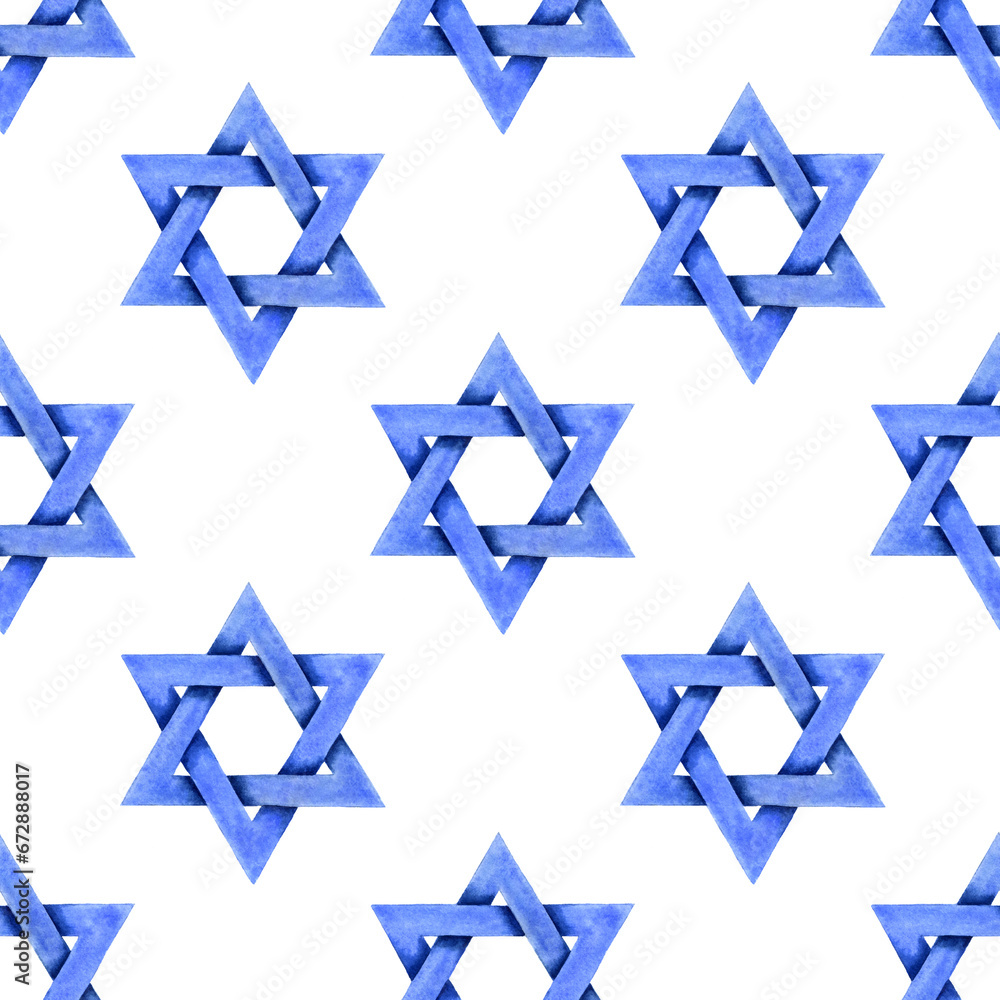 Star of David watercolor background illustration. Jewish Israeli religious symbol seamless pattern. Judaism sign. Light blue six pointed geometric figure. Handdrawn watercolour artistic wallpaper Star of David watercolor background illustration. Jewish Israeli religious symbol seamless pattern. Judaism sign. Light blue six pointed geometric figure. Handdrawn watercolour artistic wallpaper
