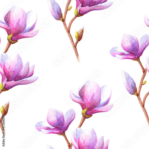 Hand drawn watercolor magnolia seamless pattern