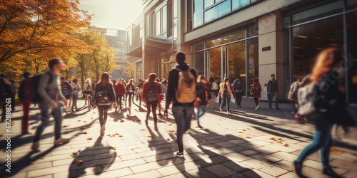 College students walking in a rush on college university campus photo