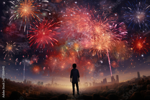 Back view of boy standing on the edge of footpath and looking at fireworks