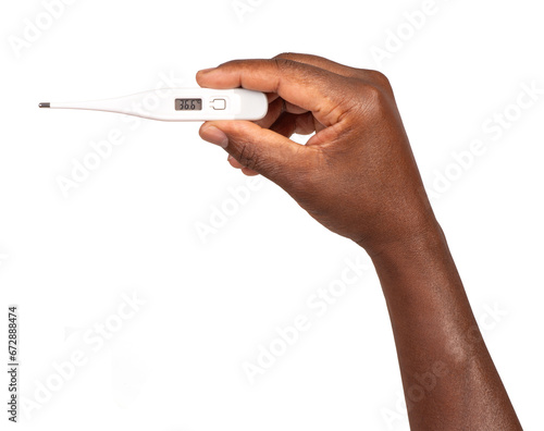 Man holding an electronic medical thermometer with healthy normal 36.6 temperature, isolated on white or transparent background photo