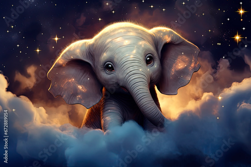 A baby elephant is sleeping in the clouds. Generative AI © Oleksandr