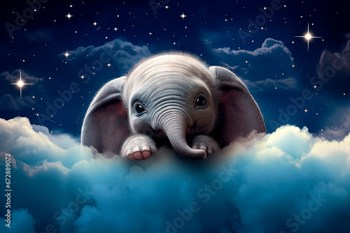 A baby elephant is sleeping in the clouds. Generative AI