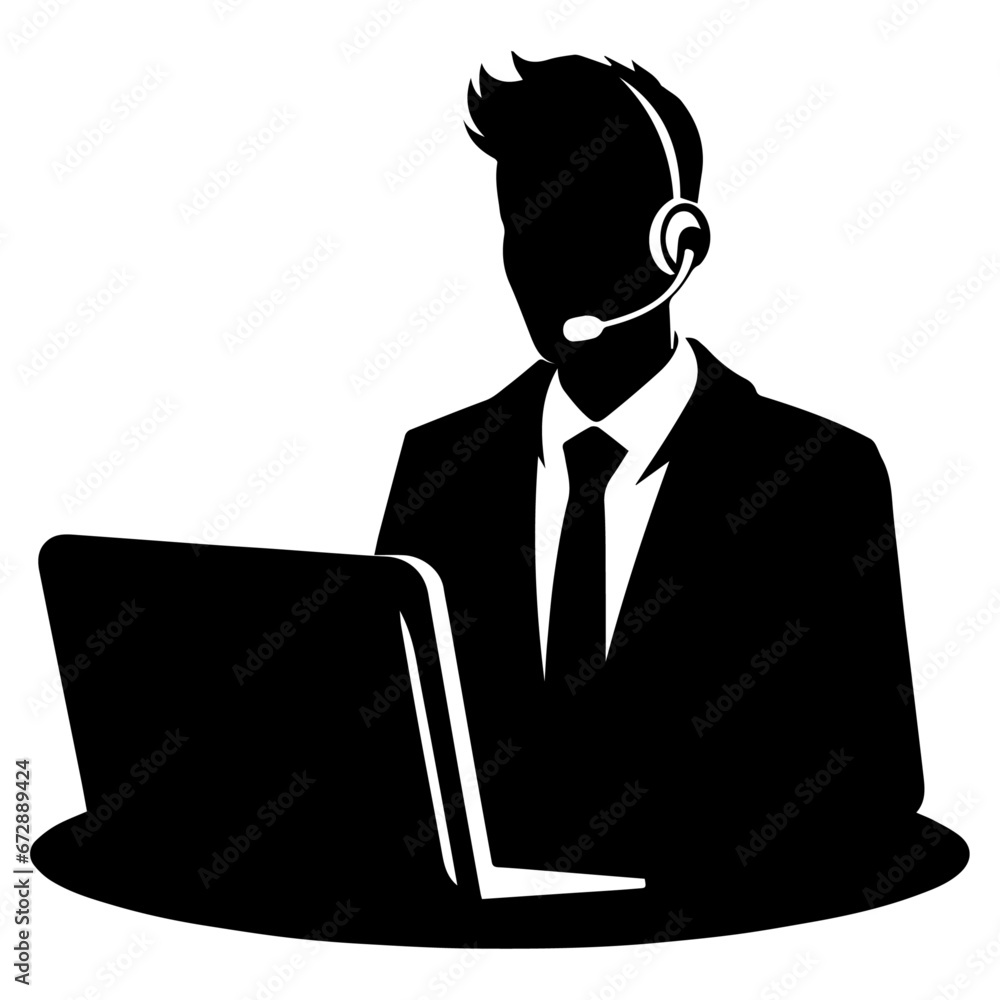 Male Call Center Worker Vector silhouette illustration