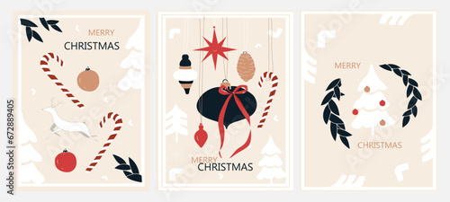 Merry Christmas and Happy New Year set of greeting cards, posters, holiday covers. Christmas design in red, beige, white colors. Christmas tree, balls, snowflakes, deer, lollipops.