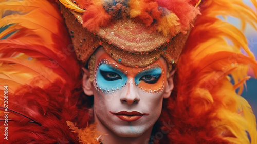 Portrait of a beautiful woman in carnival costume with orange feathers generativa IA