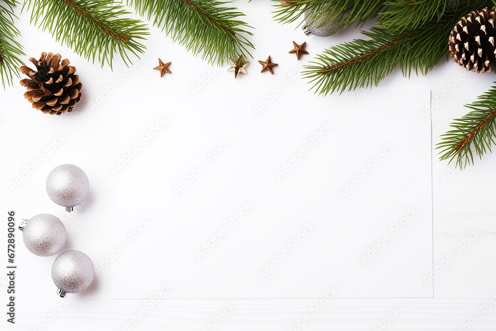 Fototapeta premium Top View Christmas Border with Fir Branches and Decoration Ornaments on White Wooden Background with Empty Paper - Created with Generative AI Tools