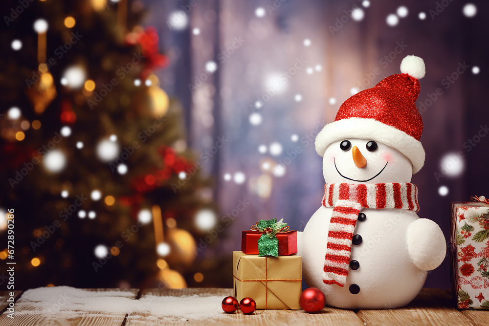 Cute Snowman Claus Doll with Copy Space on Vintage Christmas Tree Background - Created with Generative AI Tools Cute Snowman Claus Doll with Copy Space on Vintage Christmas Tree Background - Created with Generative AI Tools