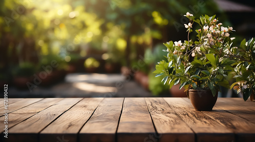 Mock up for product. Empty wooden table. Background of garden. High quality photo. 