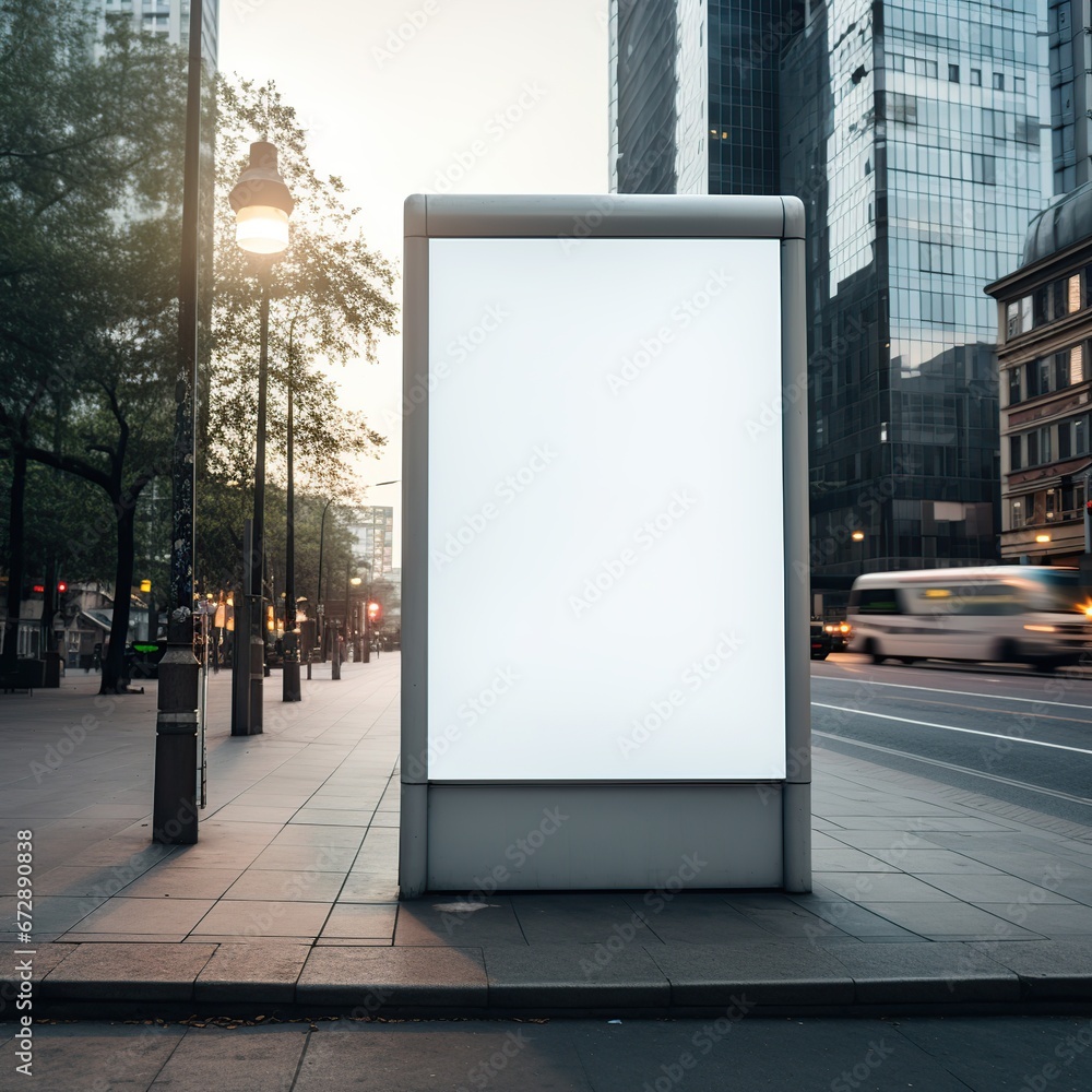 Vertical blank white billboard mockup at bus stop on city street, white billdboard mockup, Generative Ai Vertical blank white billboard mockup at bus stop on city street, white billdboard mockup, Generative Ai