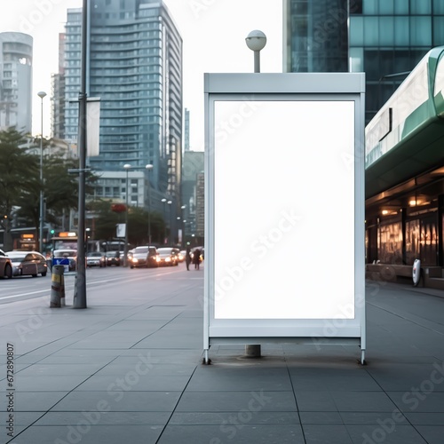 Vertical blank white billboard mockup at bus stop on city street, white billdboard mockup, Generative Ai 