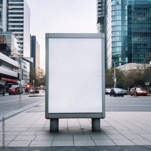 Vertical blank white billboard mockup at bus stop on city street, white billdboard mockup, Generative Ai 