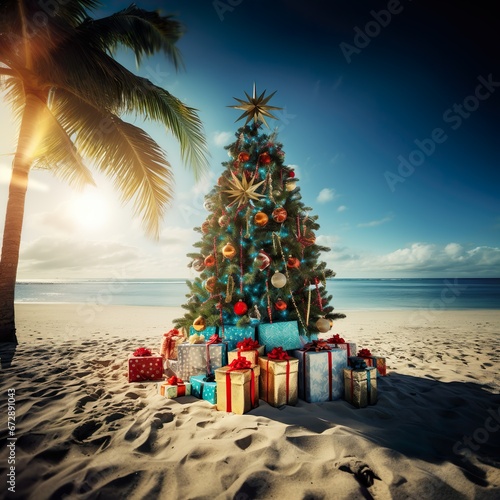 Ein wundersch  ner Weihnachtsbaum steht an einem Strand 