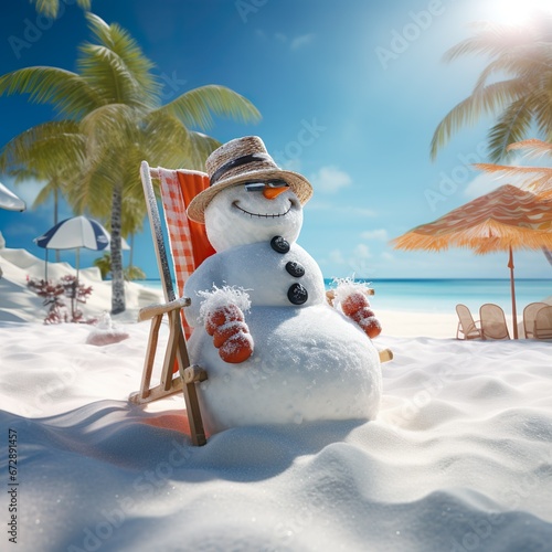 Ein Schneemann sitzt in einem Liegestuhl am Strand photo