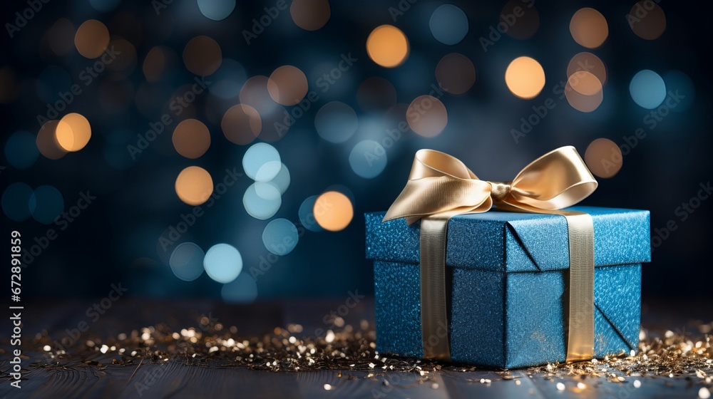 Blue giftbox for christmas with bokeh lights background. Generative ai Blue giftbox for christmas with bokeh lights background. Generative ai