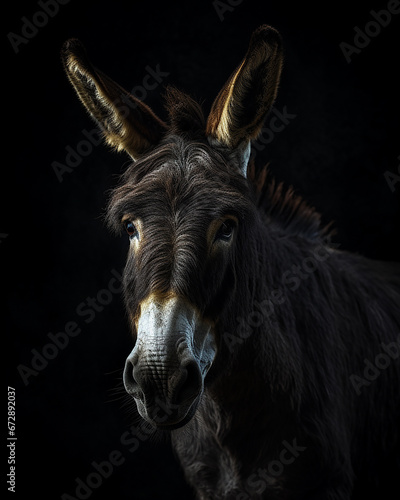 A photo of a donkey or mule, on black background