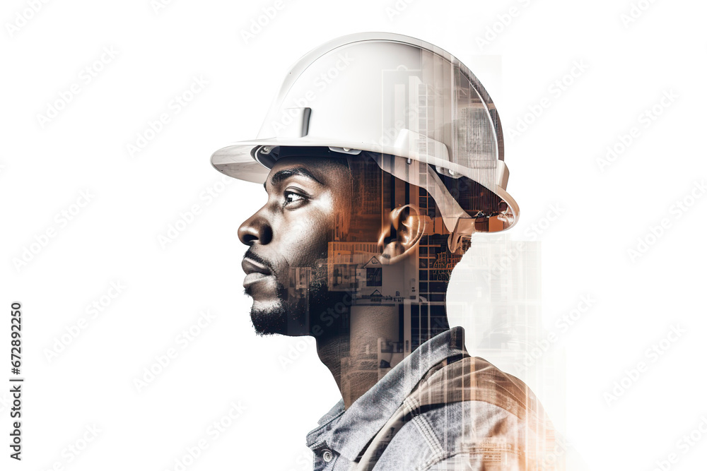 builder and skyscraper with double exposure on white background builder and skyscraper with double exposure on white background