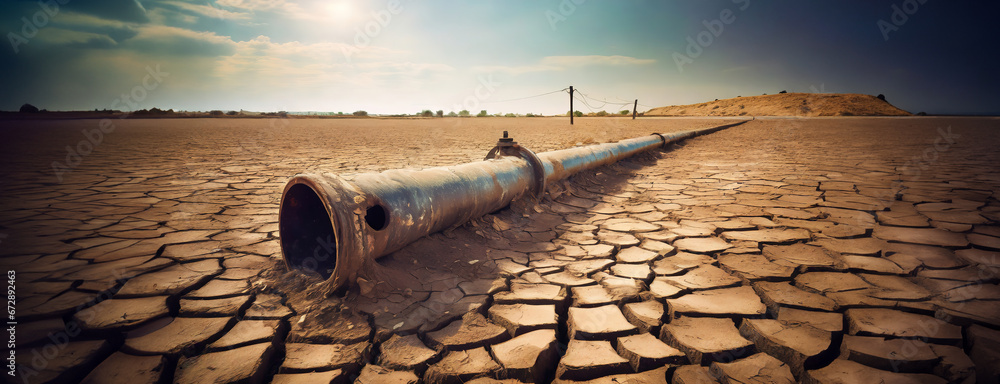 Old water pipe in the dry cracked desert. The global shortage of water on the planet. - obrazy, fototapety, plakaty 