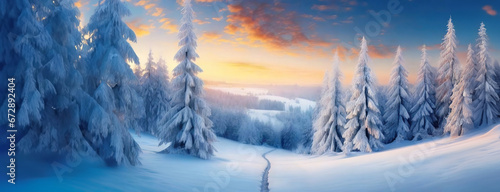 Winter snowy coniferous forest fairy landscape at sunny day background. Happy New Year or Christmas greeting card. Banner.