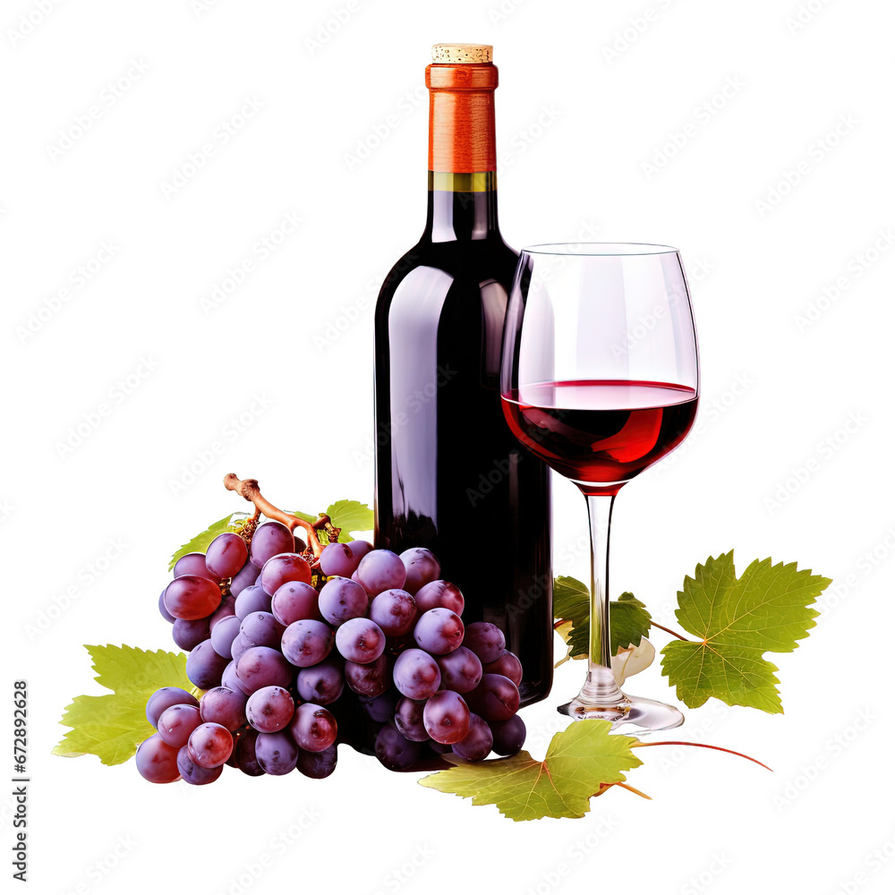 Red Wine Bottle with Grapes: Isolated PNG on Transparent or White Background