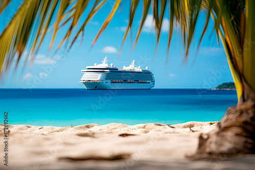 Fototapeta Naklejka Na Ścianę i Meble -  Close - up view of a cruise ship in sea viewed from sand beach with palm trees.