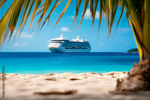 Close - up view of a cruise ship in sea viewed from sand beach with palm trees.