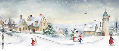 Christmas card, village houses in winter snow landscape,kids making snowman, snowflakes falling from sky photo