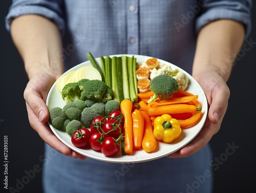 Hands holding a plate of fresh vegetables, showcasing healthier snack choices, Generative Ai 