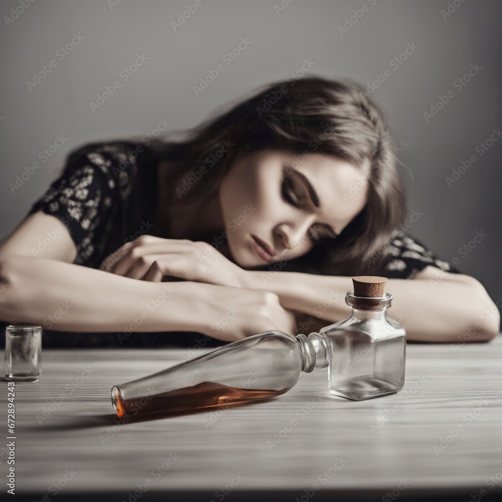 Smutna załamana kobieta w depresji z butelką - obrazy, fototapety, plakaty 