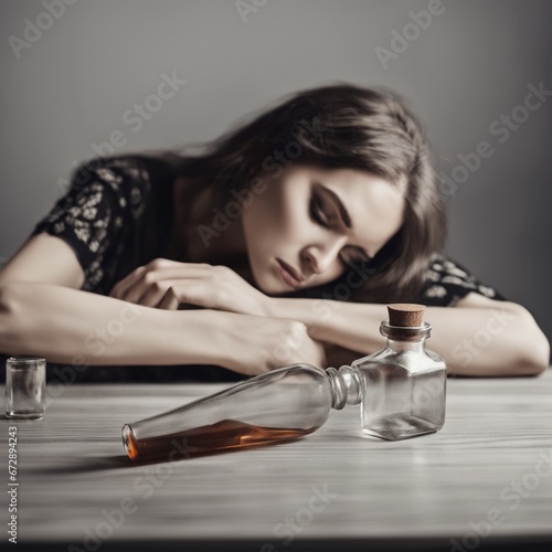 Smutna załamana kobieta w depresji z butelką