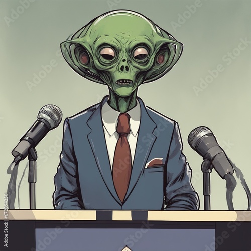 Polityk kosmita przemawiający do mikrofonu przy mównicy